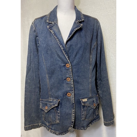 Levi Strauss Denim Blazer Women's XL Button Blue Jean Jacket Distressed Copper - Picture 1 of 10